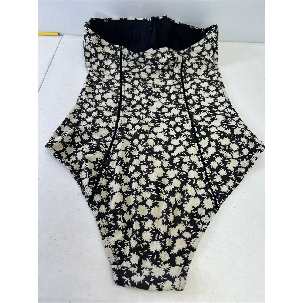 Tory Burch Floral One-Piece Black Cream Floral Swimsuit Sz M **No Straps**